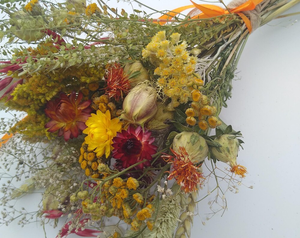 British Dried flower bouquet, yellow, orange, red