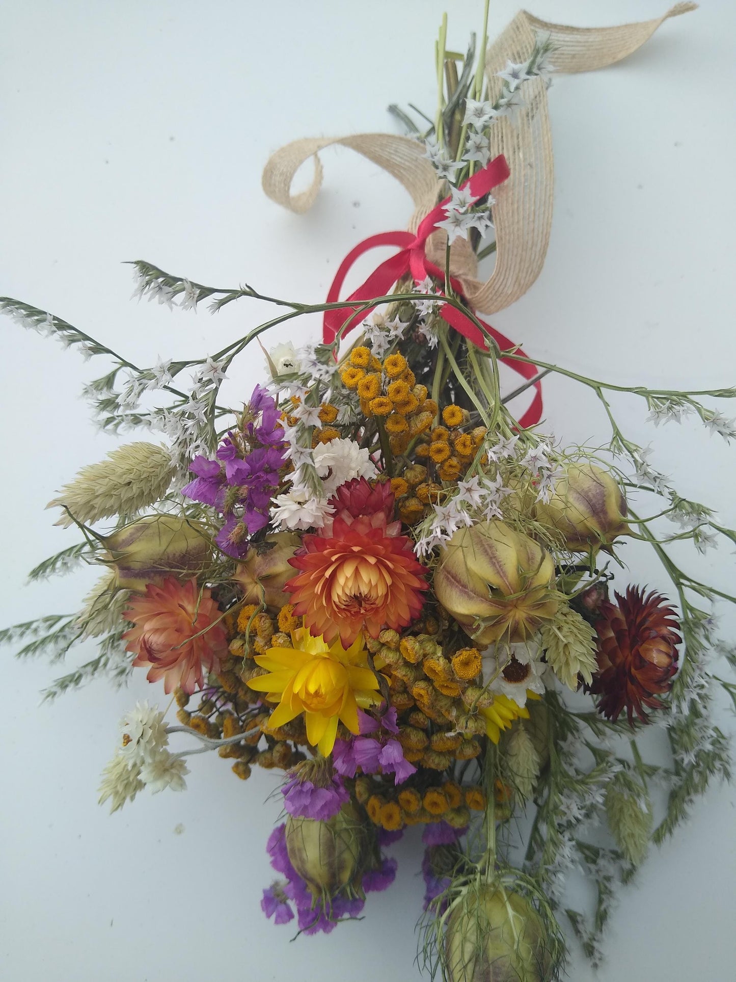 British Dried flower bouquet, yellow, orange, cerise, 20 x 30cm, dried flower gift posy, autumn dried flowers, rustic autumnal bouquet, UK
