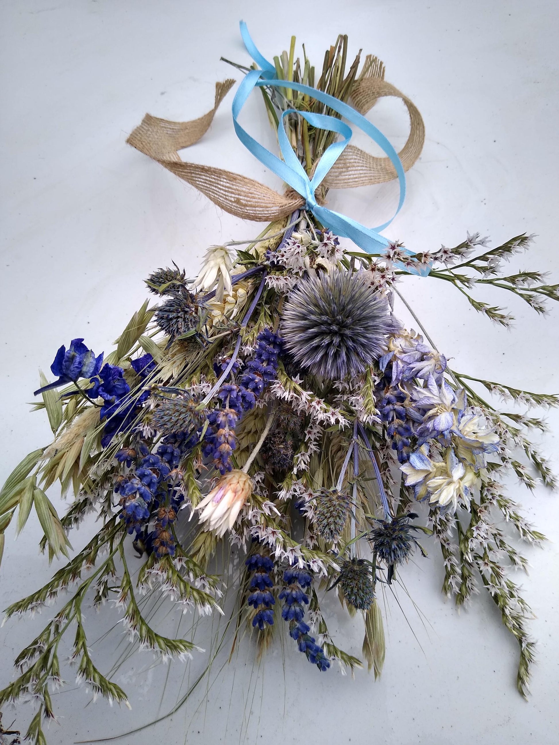 British Blue thistle, white, purple dried flower bouquet posy, blue wedding bouquet, 20 x 30cm, dried flower gift, Scottish thistle bouquet