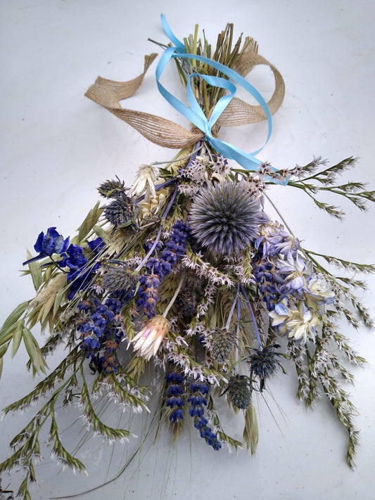 British Blue thistle, white, purple dried flower bouquet posy, blue wedding bouquet, 20 x 30cm, dried flower gift, Scottish thistle bouquet