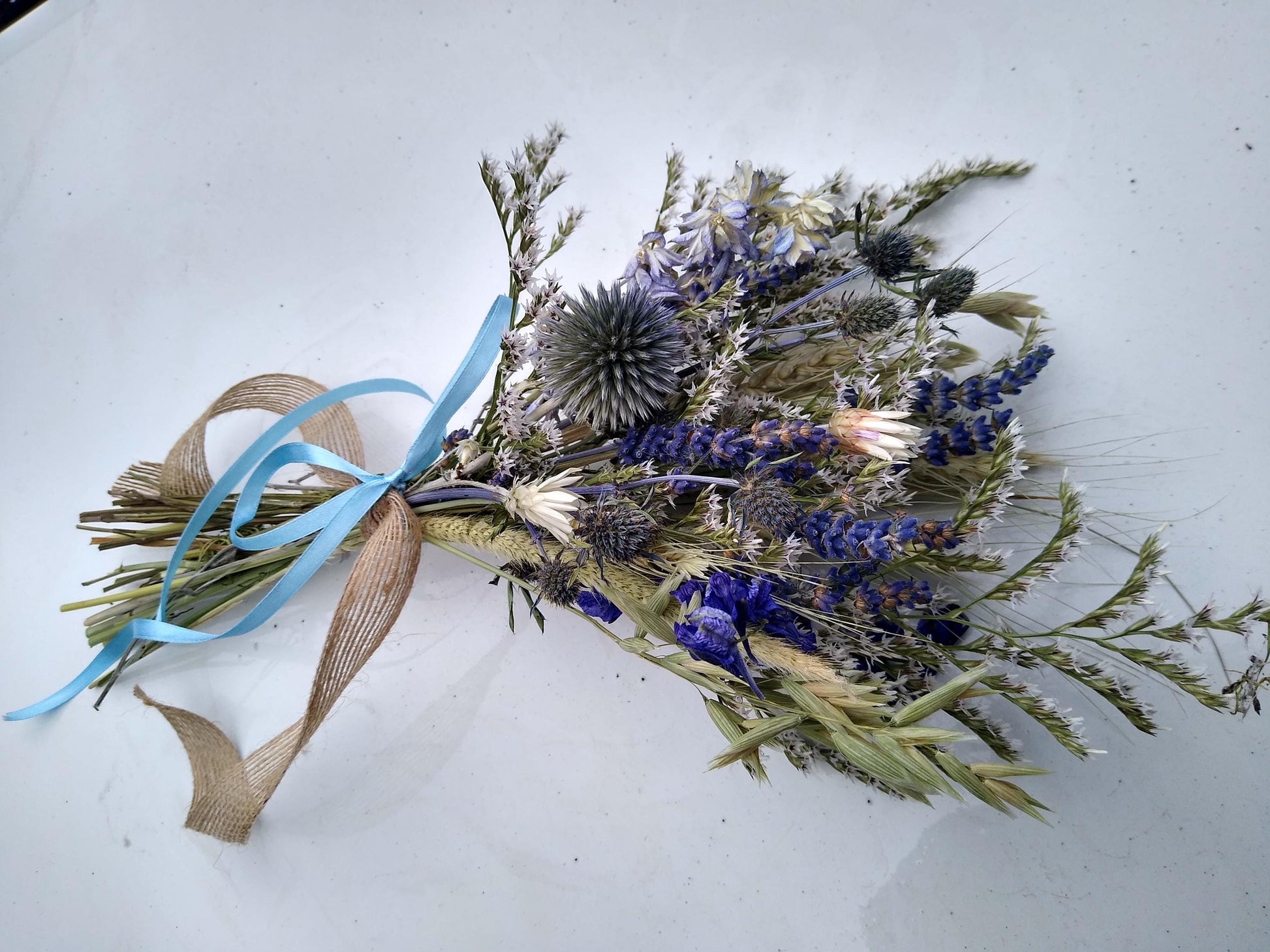 British Blue thistle, white, purple dried flower bouquet posy, blue wedding bouquet, 20 x 30cm, dried flower gift, Scottish thistle bouquet
