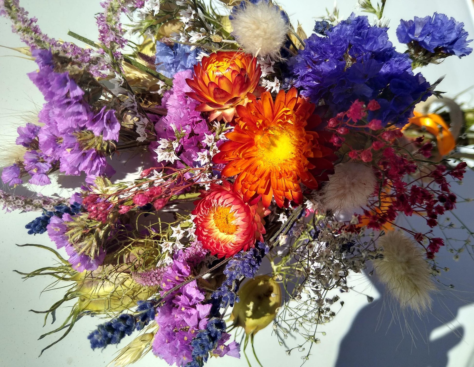 British Dried flower bouquet, orange, purple, 20 x 30cm, dried flower gift posy, autumn dried flowers, autumnal bouquet, Lincolnshire farm