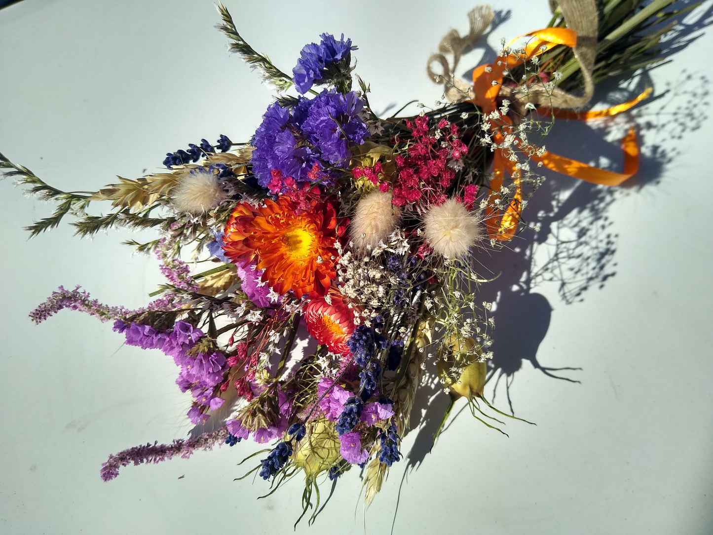British Dried flower bouquet, orange, purple, 20 x 30cm, dried flower gift posy, autumn dried flowers, autumnal bouquet, Lincolnshire farm