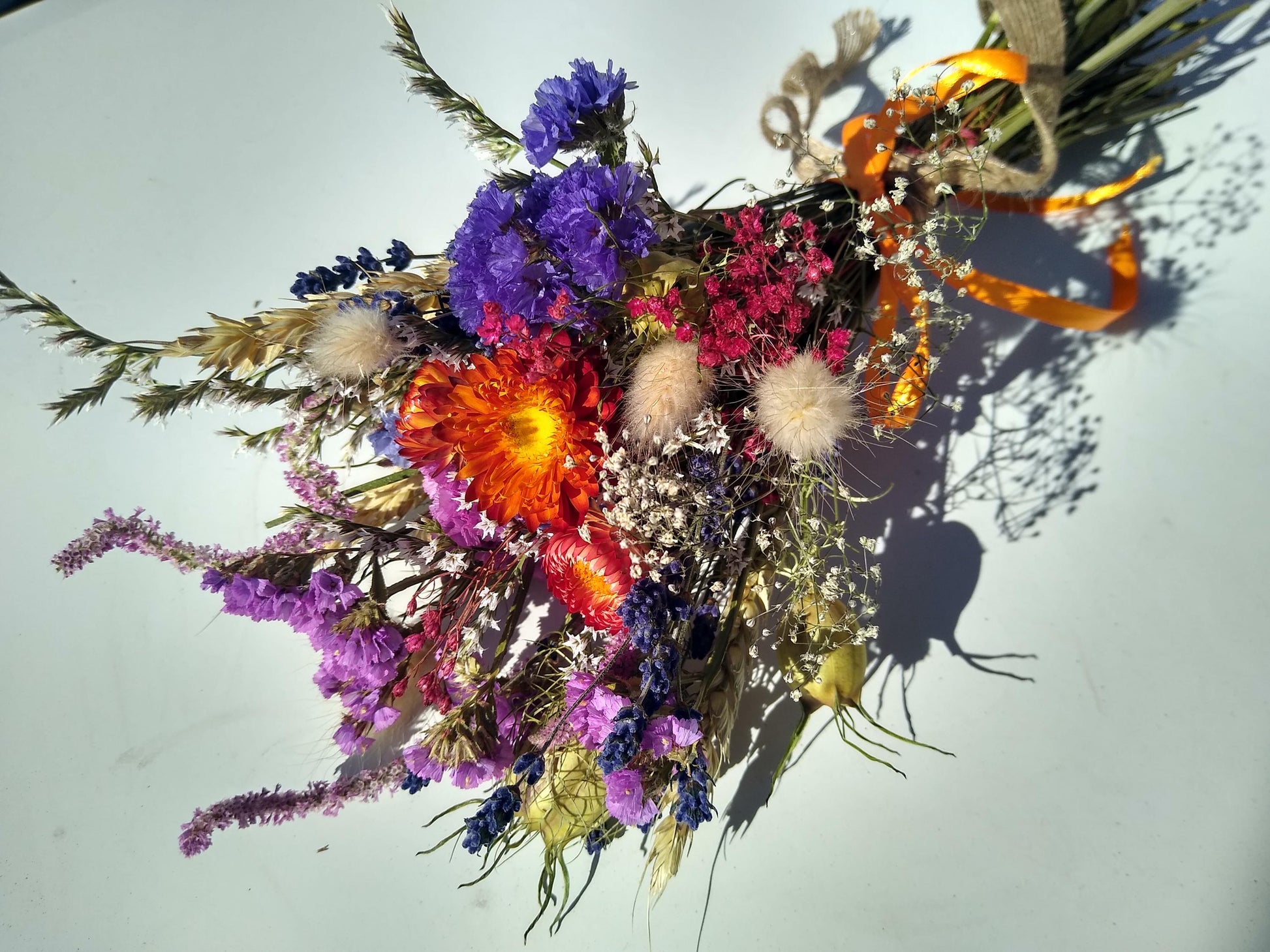 British Dried flower bouquet, orange, purple, 20 x 30cm, dried flower gift posy, autumn dried flowers, autumnal bouquet, Lincolnshire farm