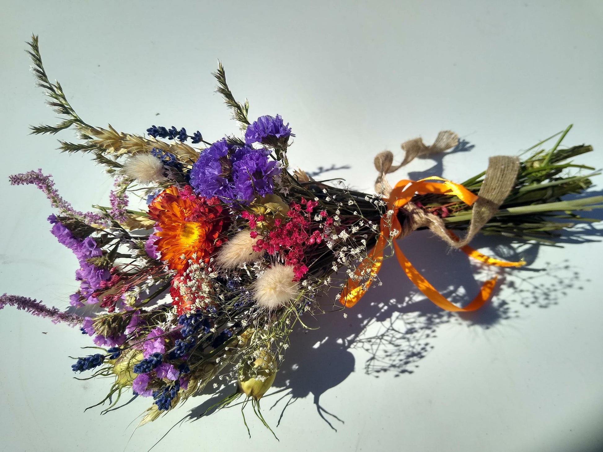 British Dried flower bouquet, orange, purple, 20 x 30cm, dried flower gift posy, autumn dried flowers, autumnal bouquet, Lincolnshire farm
