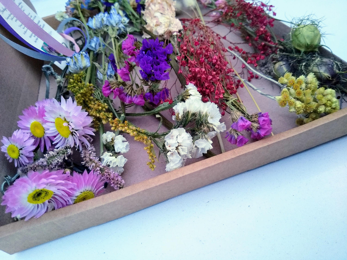 Cottage garden letterbox dried flowers, organic dried flower gift, pink, purple, blue, yellow DIY bouquet, Personalised gift, flowers box