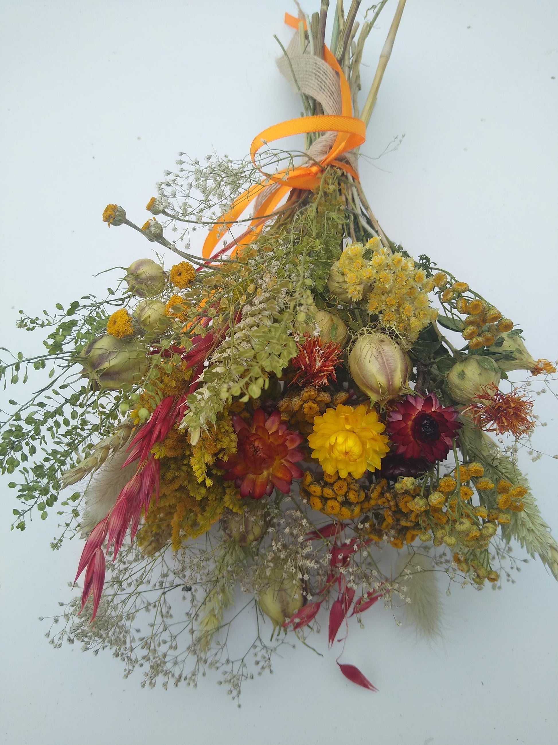 British Dried flower bouquet, yellow, orange, red, 20 x 30cm, dried flower gift posy, autumn dried flowers, rustic autumnal bouquet, UK farm