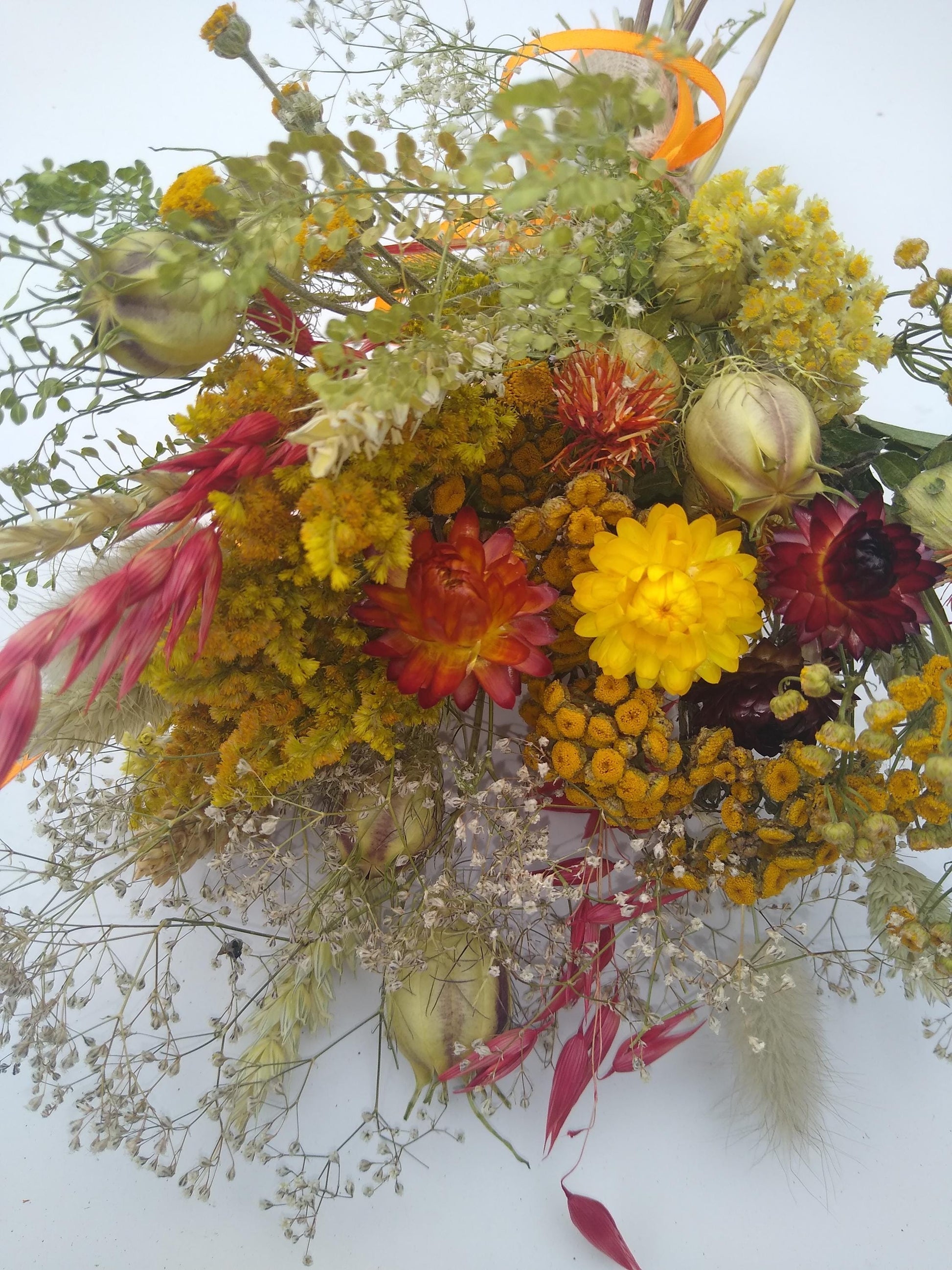 British Dried flower bouquet, yellow, orange, red, 20 x 30cm, dried flower gift posy, autumn dried flowers, rustic autumnal bouquet, UK farm