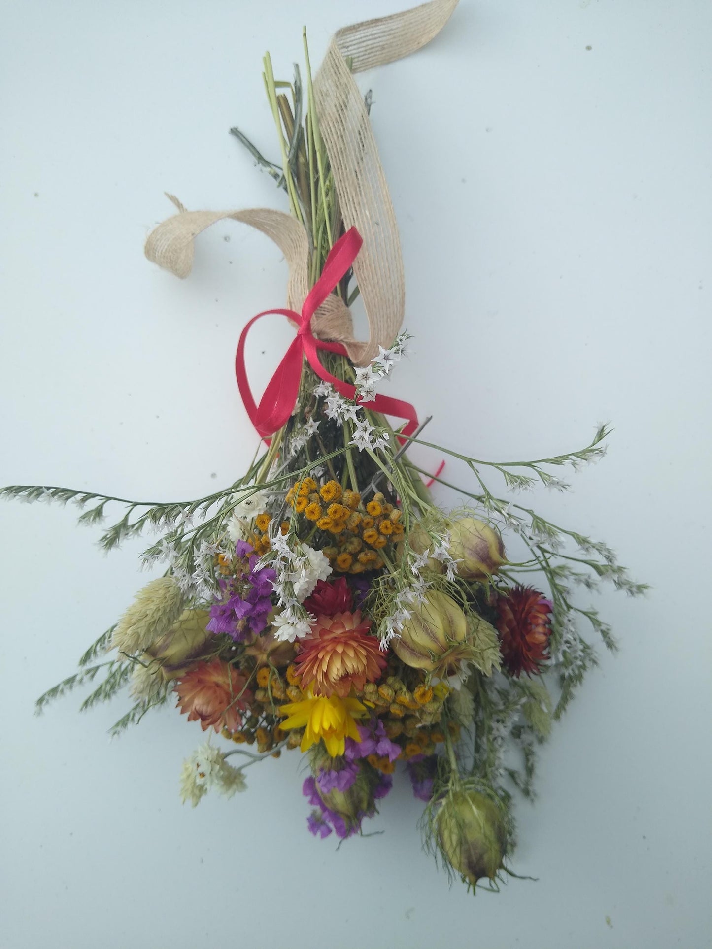 British Dried flower bouquet, yellow, orange, cerise, 20 x 30cm, dried flower gift posy, autumn dried flowers, rustic autumnal bouquet, UK