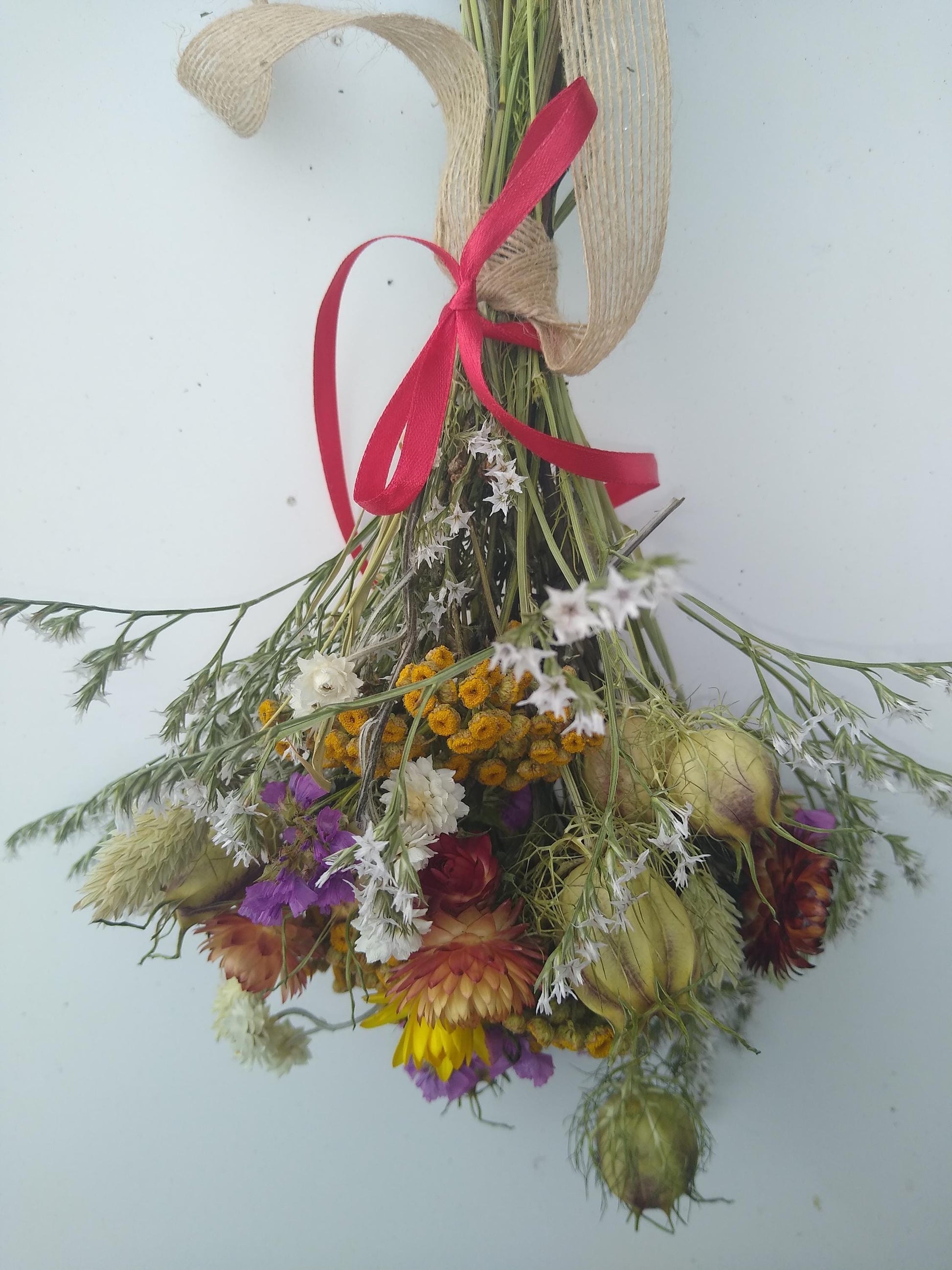 British Dried flower bouquet, yellow, orange, cerise, 20 x 30cm, dried flower gift posy, autumn dried flowers, rustic autumnal bouquet, UK
