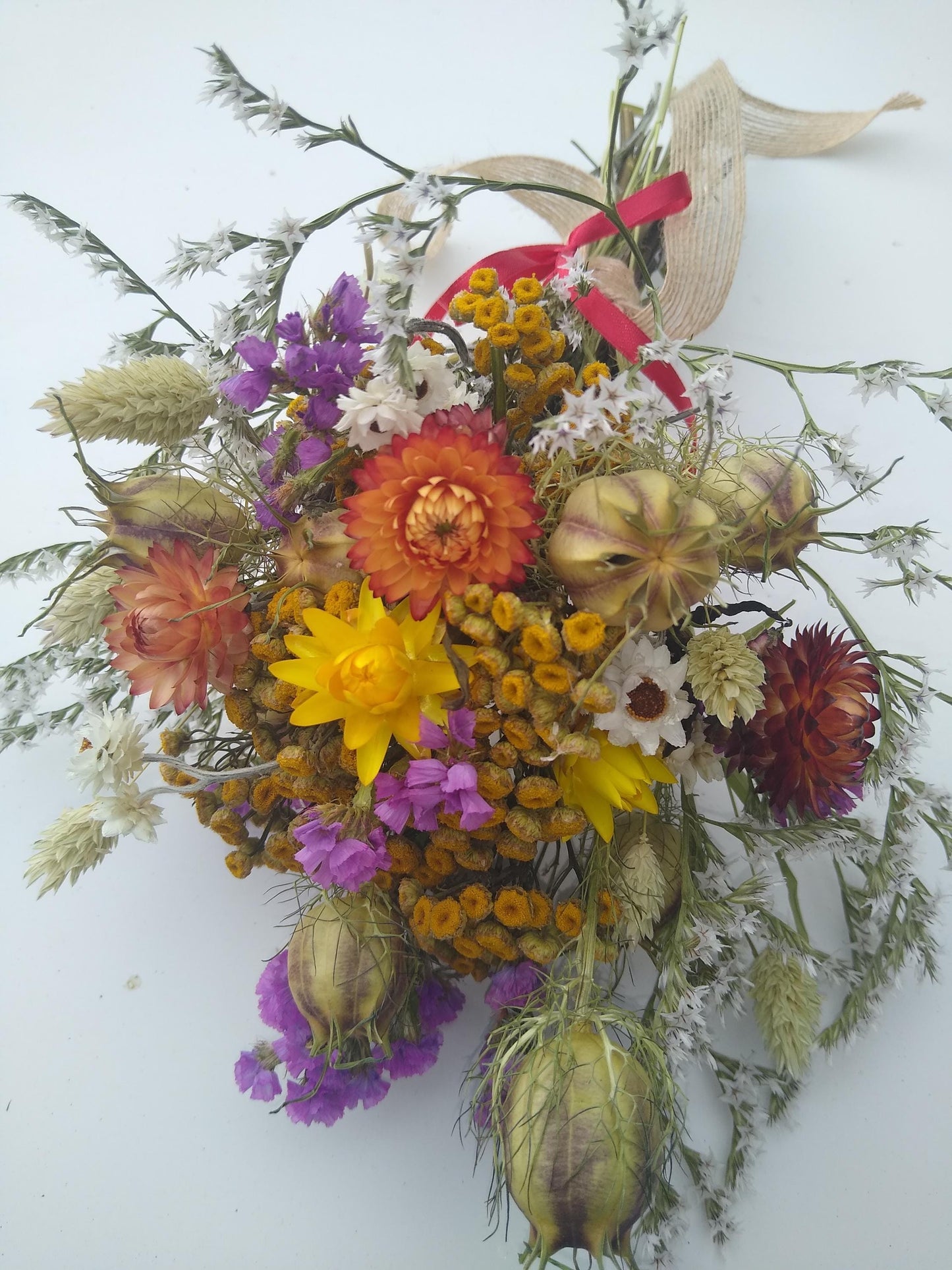 British Dried flower bouquet, yellow, orange, cerise, 20 x 30cm, dried flower gift posy, autumn dried flowers, rustic autumnal bouquet, UK