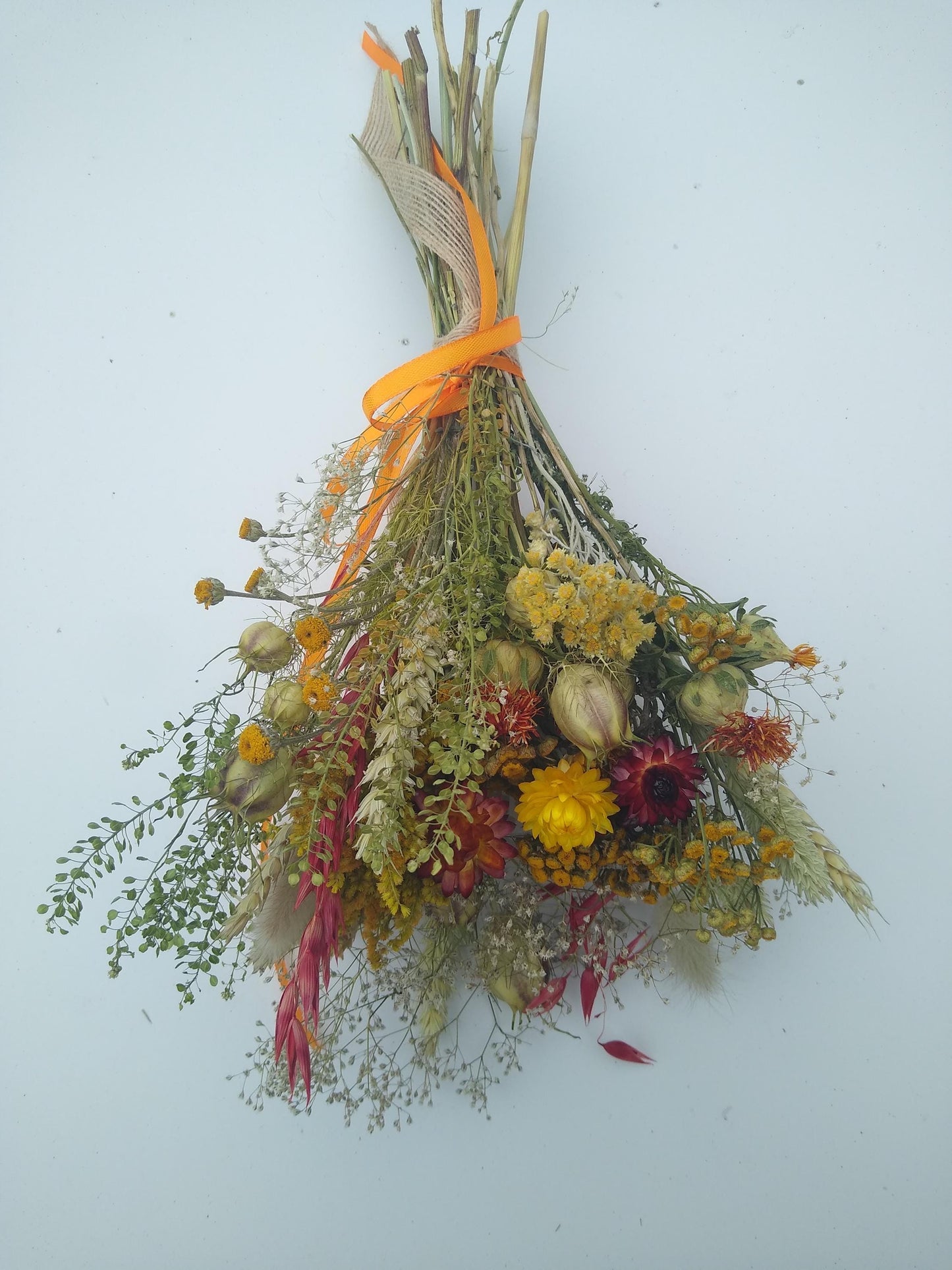 British Dried flower bouquet, yellow, orange, red, 20 x 30cm, dried flower gift posy, autumn dried flowers, rustic autumnal bouquet, UK farm