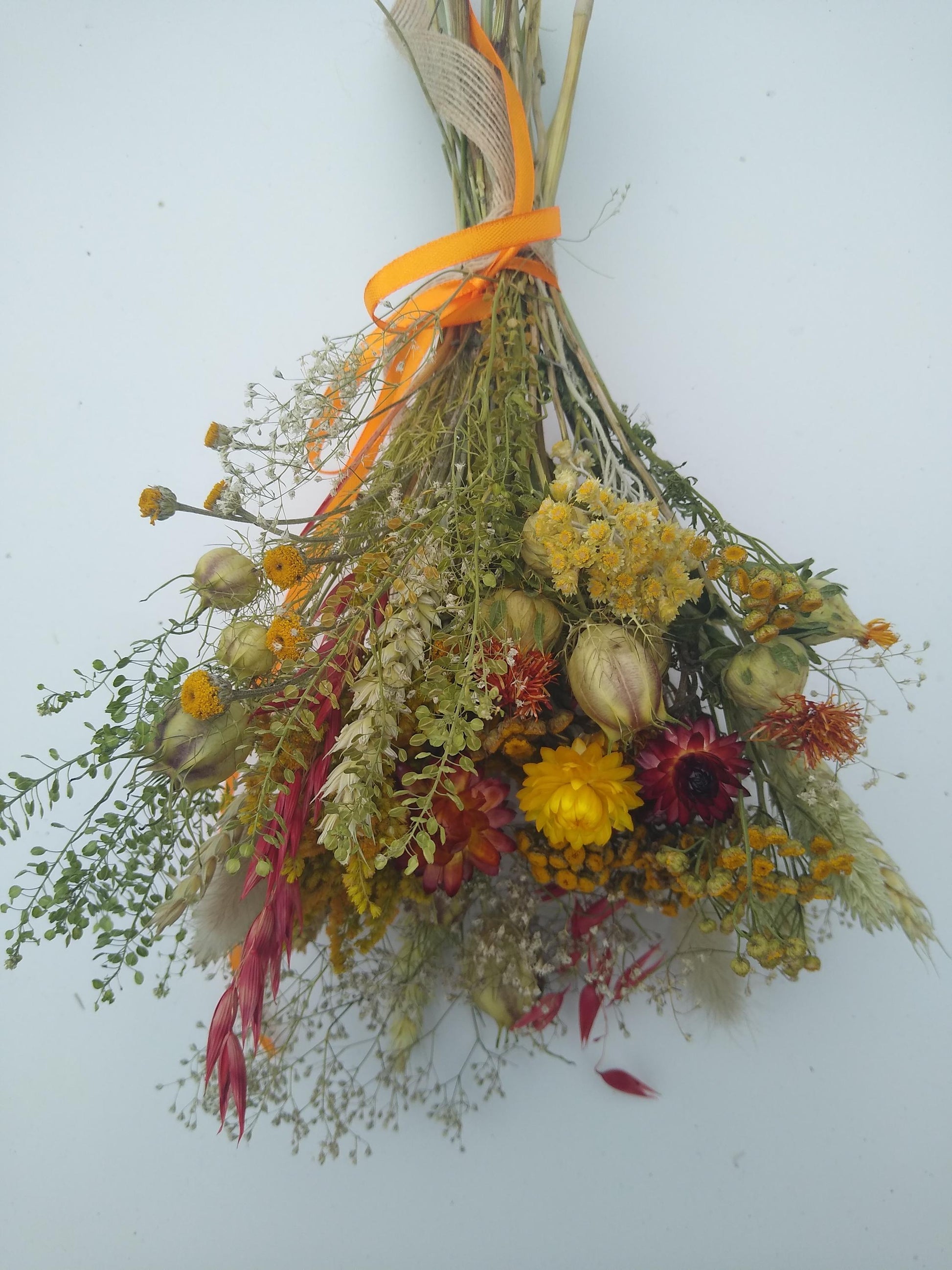 British Dried flower bouquet, yellow, orange, red, 20 x 30cm, dried flower gift posy, autumn dried flowers, rustic autumnal bouquet, UK farm