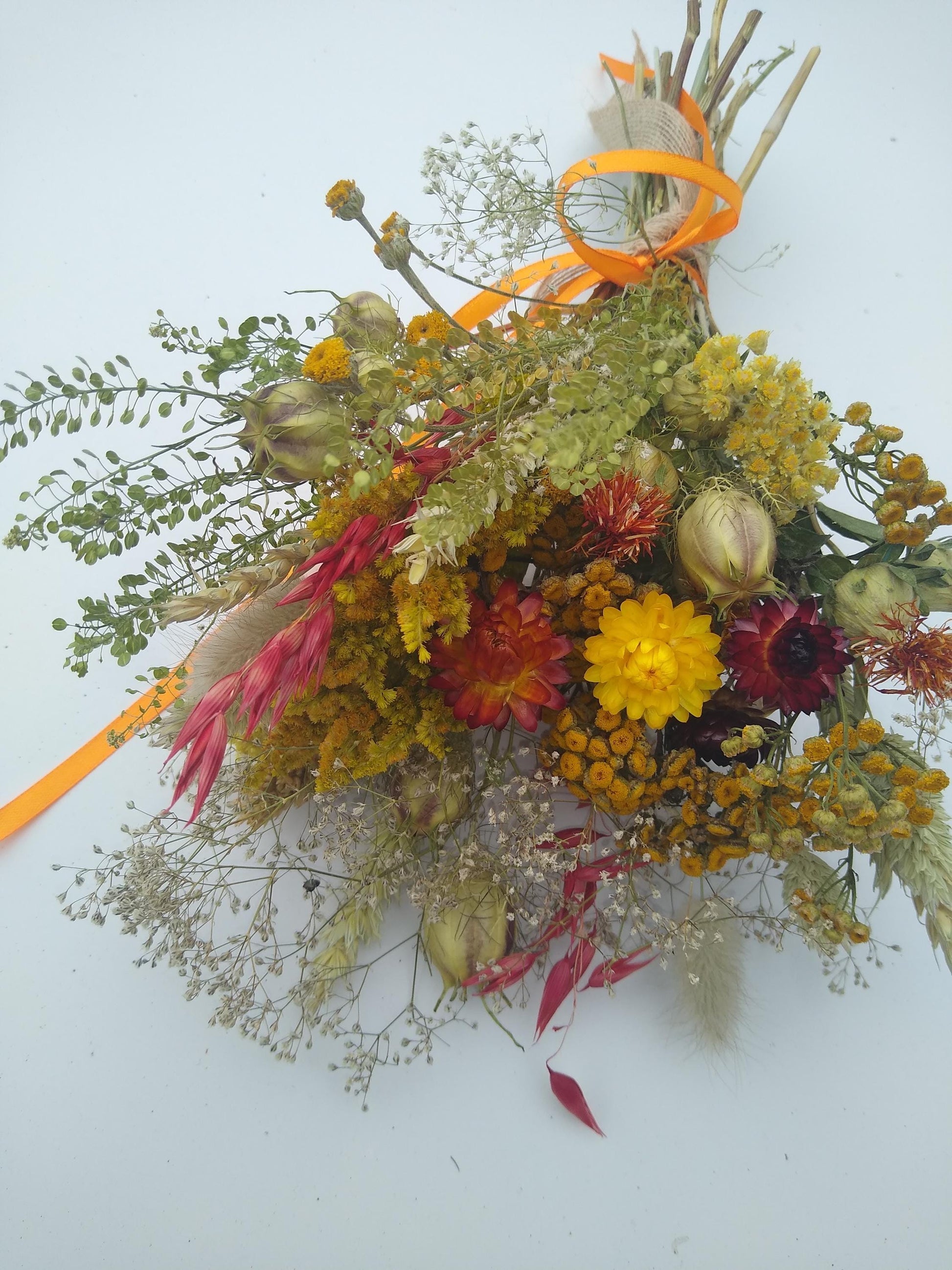 British Dried flower bouquet, yellow, orange, red, 20 x 30cm, dried flower gift posy, autumn dried flowers, rustic autumnal bouquet, UK farm