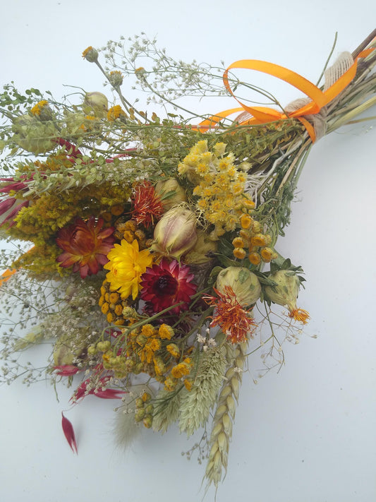 British Dried flower bouquet, yellow, orange, red, 20 x 30cm, dried flower gift posy, autumn dried flowers, rustic autumnal bouquet, UK farm