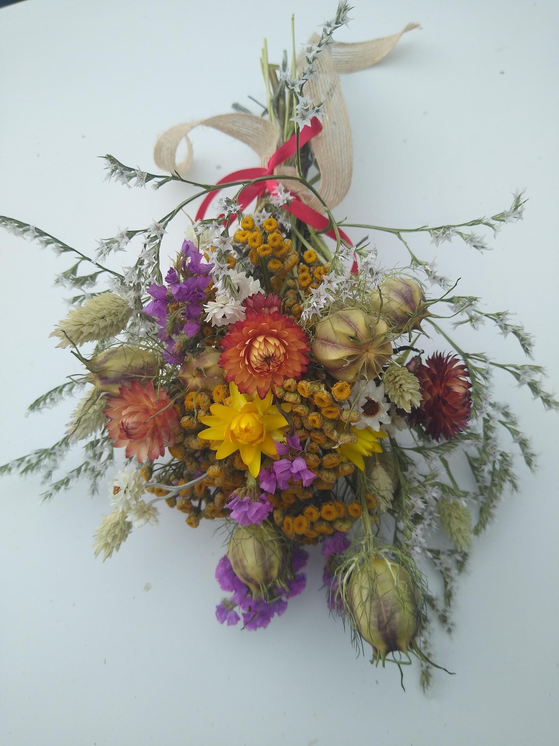British Dried flower bouquet, yellow, orange, cerise, 20 x 30cm, dried flower gift posy, autumn dried flowers, rustic autumnal bouquet, UK