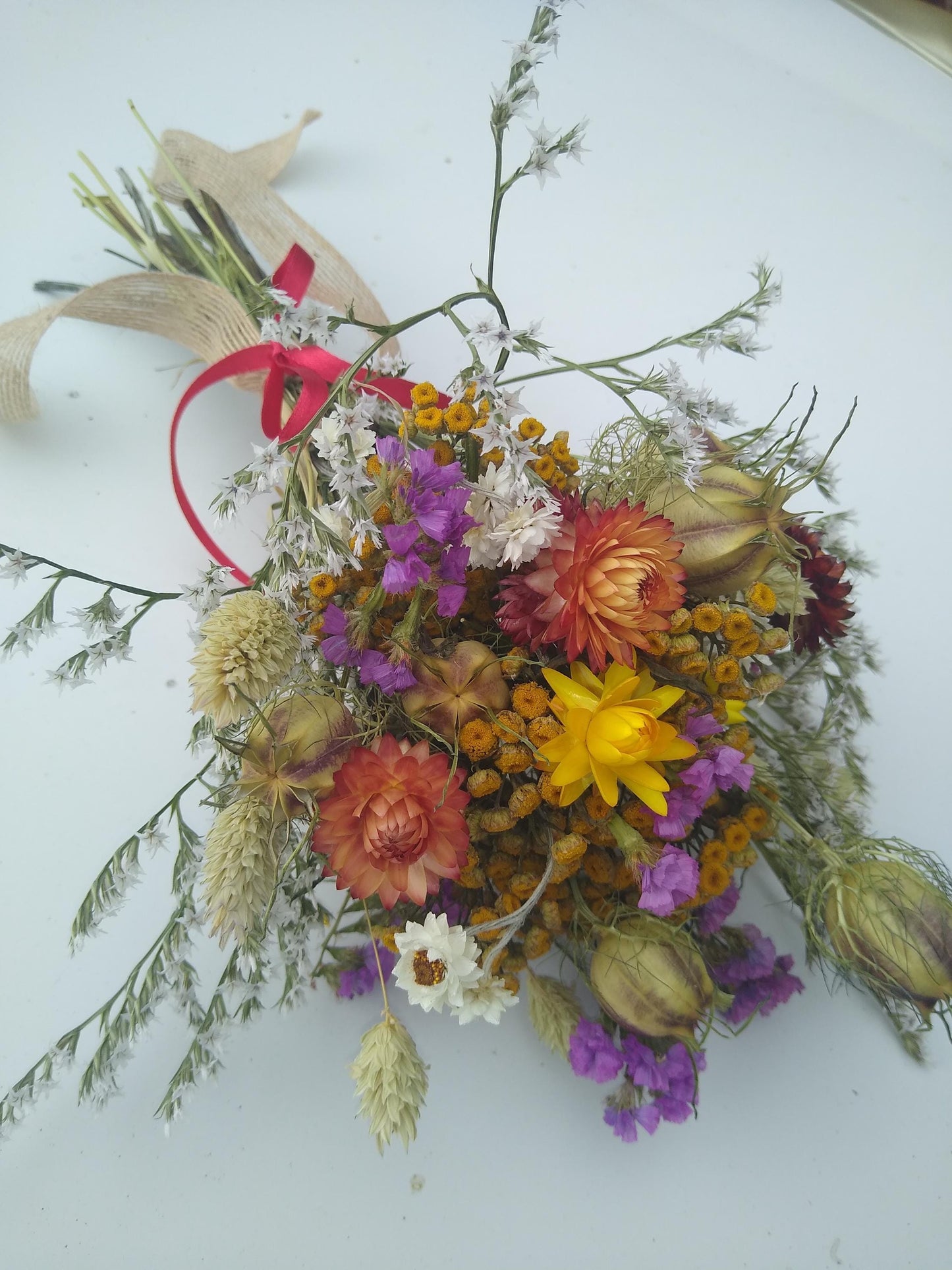 British Dried flower bouquet, yellow, orange, cerise, 20 x 30cm, dried flower gift posy, autumn dried flowers, rustic autumnal bouquet, UK