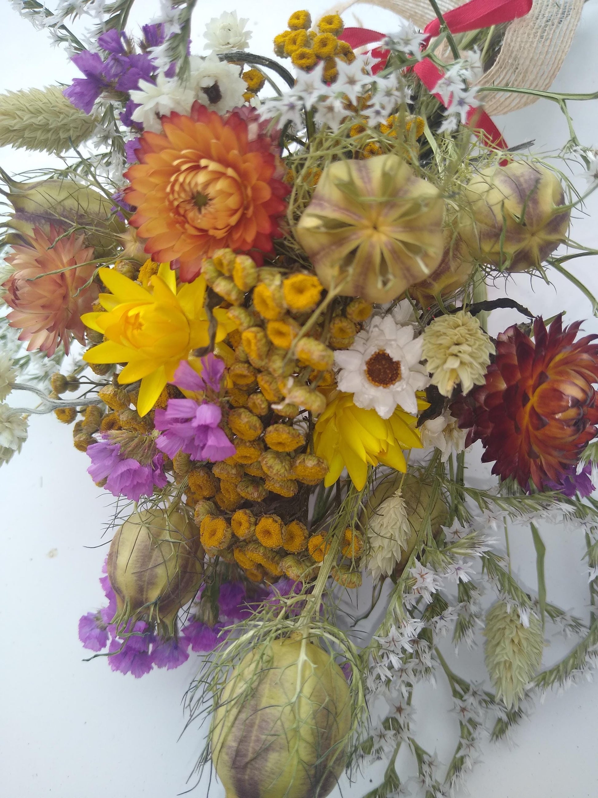 British Dried flower bouquet, yellow, orange, cerise, 20 x 30cm, dried flower gift posy, autumn dried flowers, rustic autumnal bouquet, UK