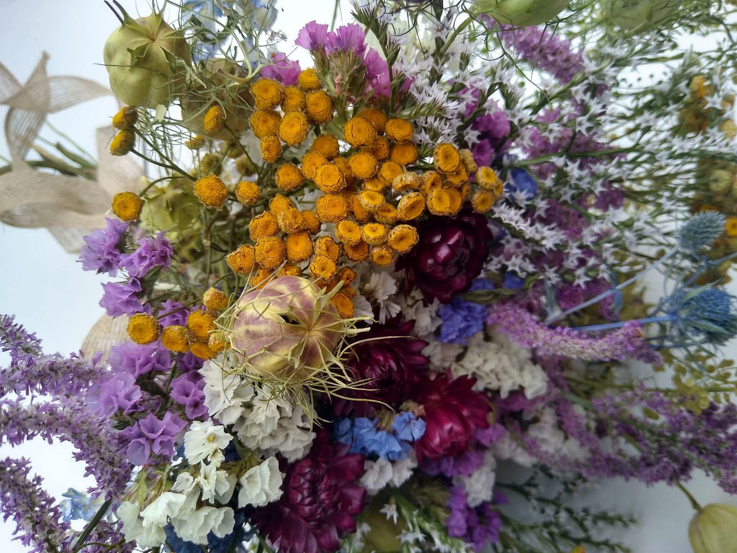 British dried flower wildflower bouquet, purple, blue, white, yellow, pink, dried flower bouquet gift, organic dried flowers UK, 35 x 25cm