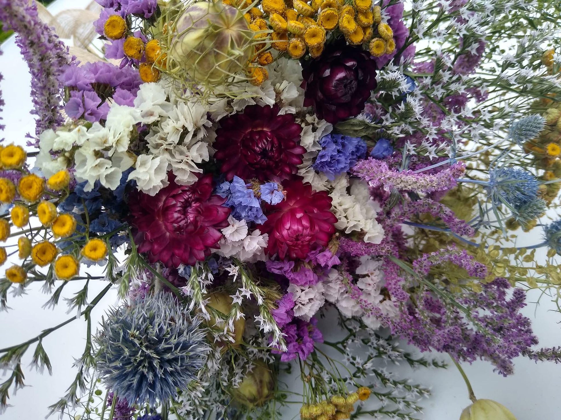 British dried flower wildflower bouquet, purple, blue, white, yellow, pink, dried flower bouquet gift, organic dried flowers UK, 35 x 25cm