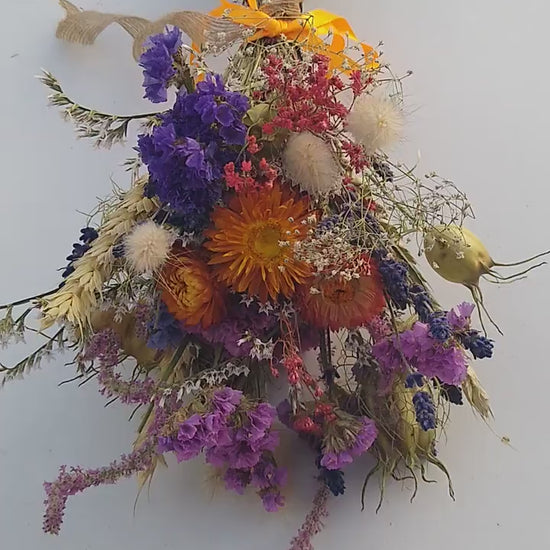 British Dried flower bouquet, orange, purple, 20 x 30cm, dried flower gift posy, autumn dried flowers, autumnal bouquet, Lincolnshire farm