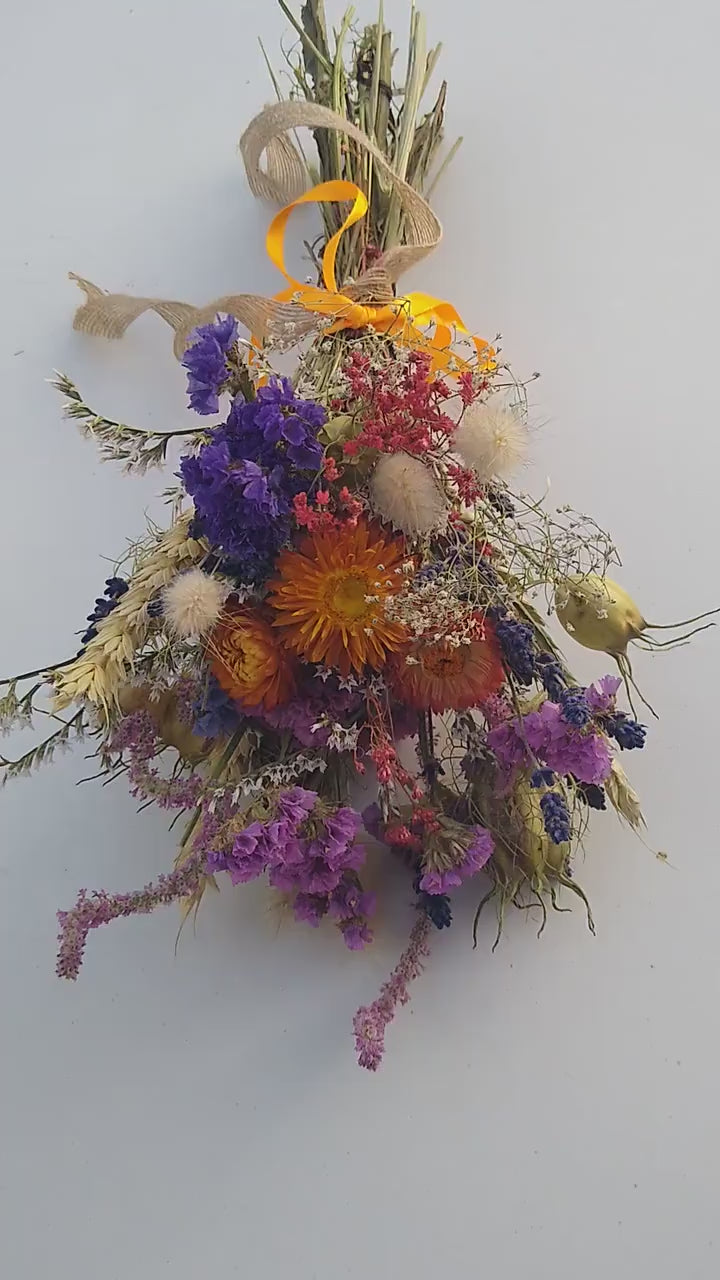 British Dried flower bouquet, orange, purple, 20 x 30cm, dried flower gift posy, autumn dried flowers, autumnal bouquet, Lincolnshire farm