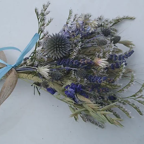 British Blue thistle, white, purple dried flower bouquet posy, blue wedding bouquet, 20 x 30cm, dried flower gift, Scottish thistle bouquet