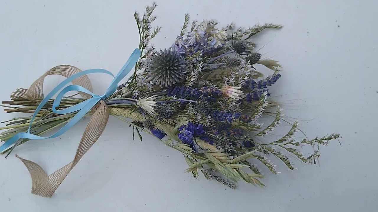 British Blue thistle, white, purple dried flower bouquet posy, blue wedding bouquet, 20 x 30cm, dried flower gift, Scottish thistle bouquet
